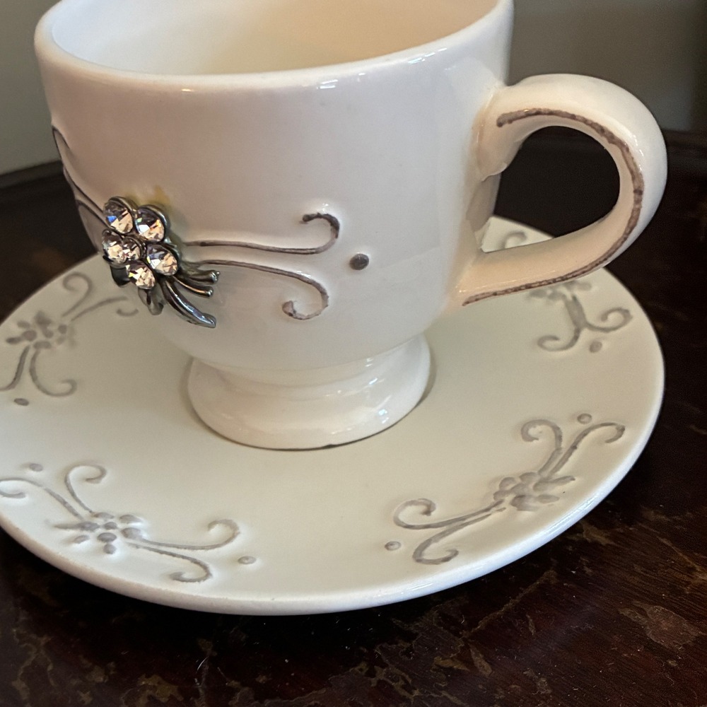 Romantic Cottage Rhinestone Floral Teacup & Saucer Princess Tea Party Decor - Picture 3 of 8